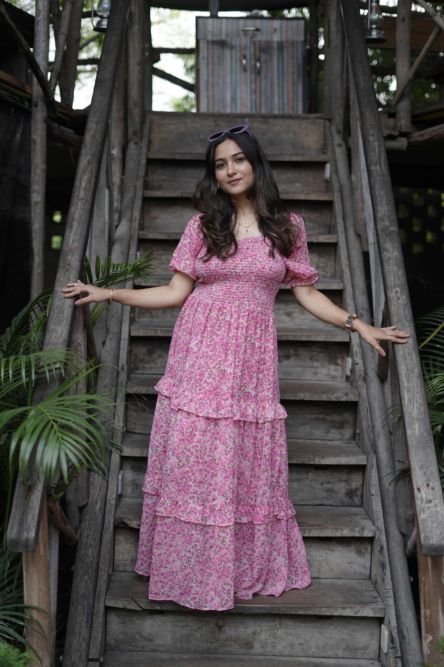 Elegant Floral Print Maxi Dress with Puff Sleeves