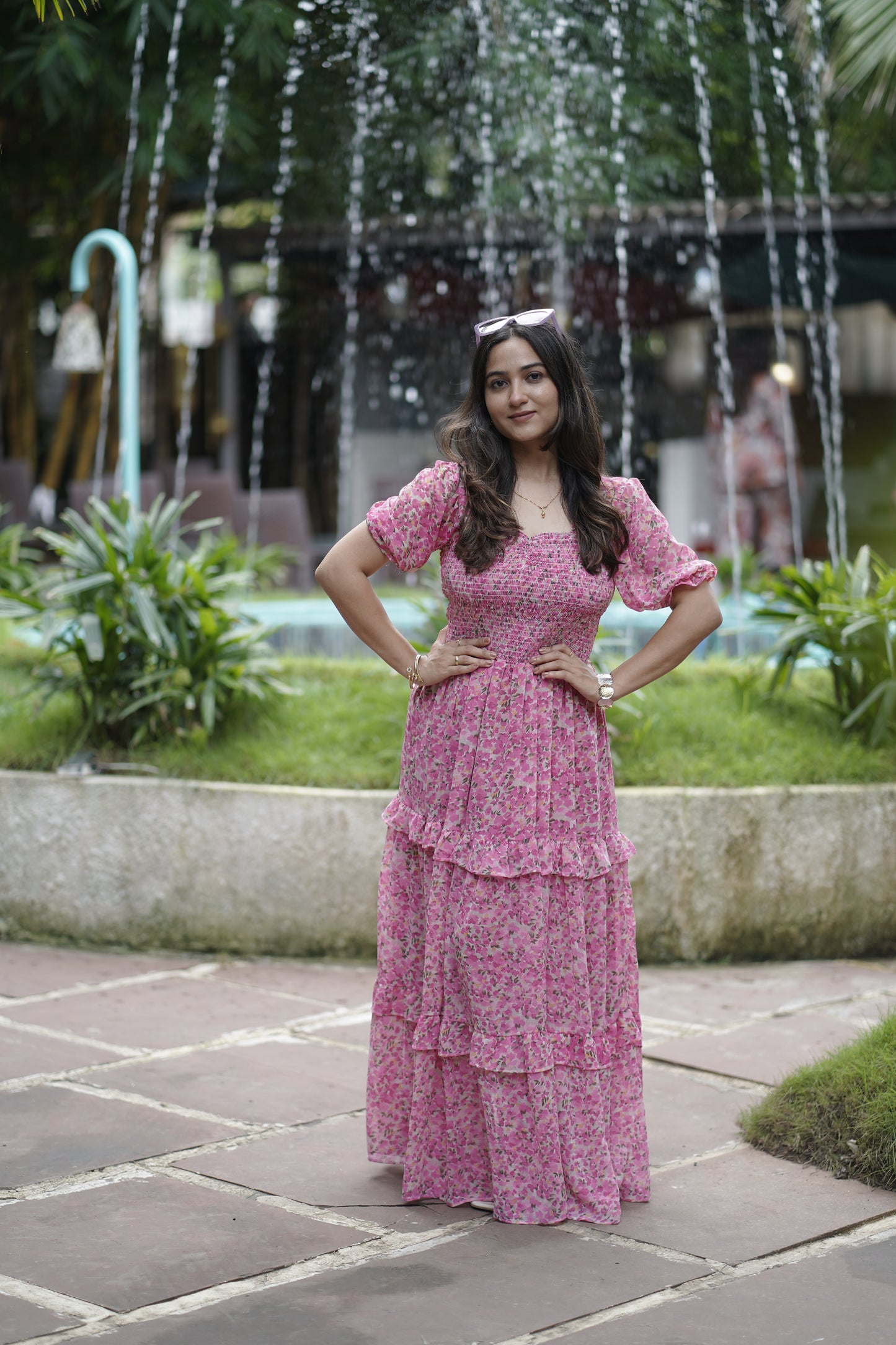 Elegant Floral Print Maxi Dress with Puff Sleeves
