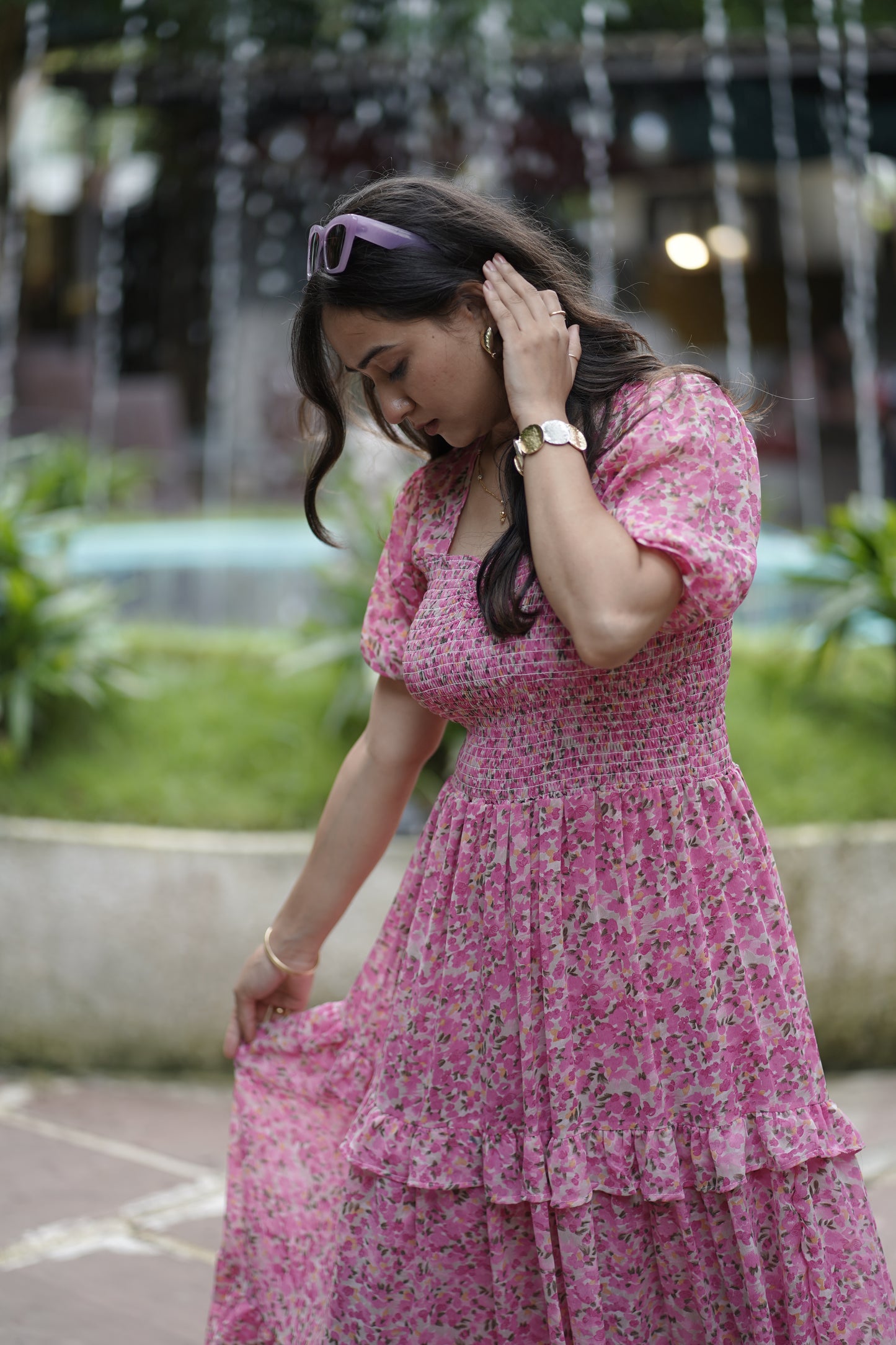 Elegant Floral Print Maxi Dress with Puff Sleeves