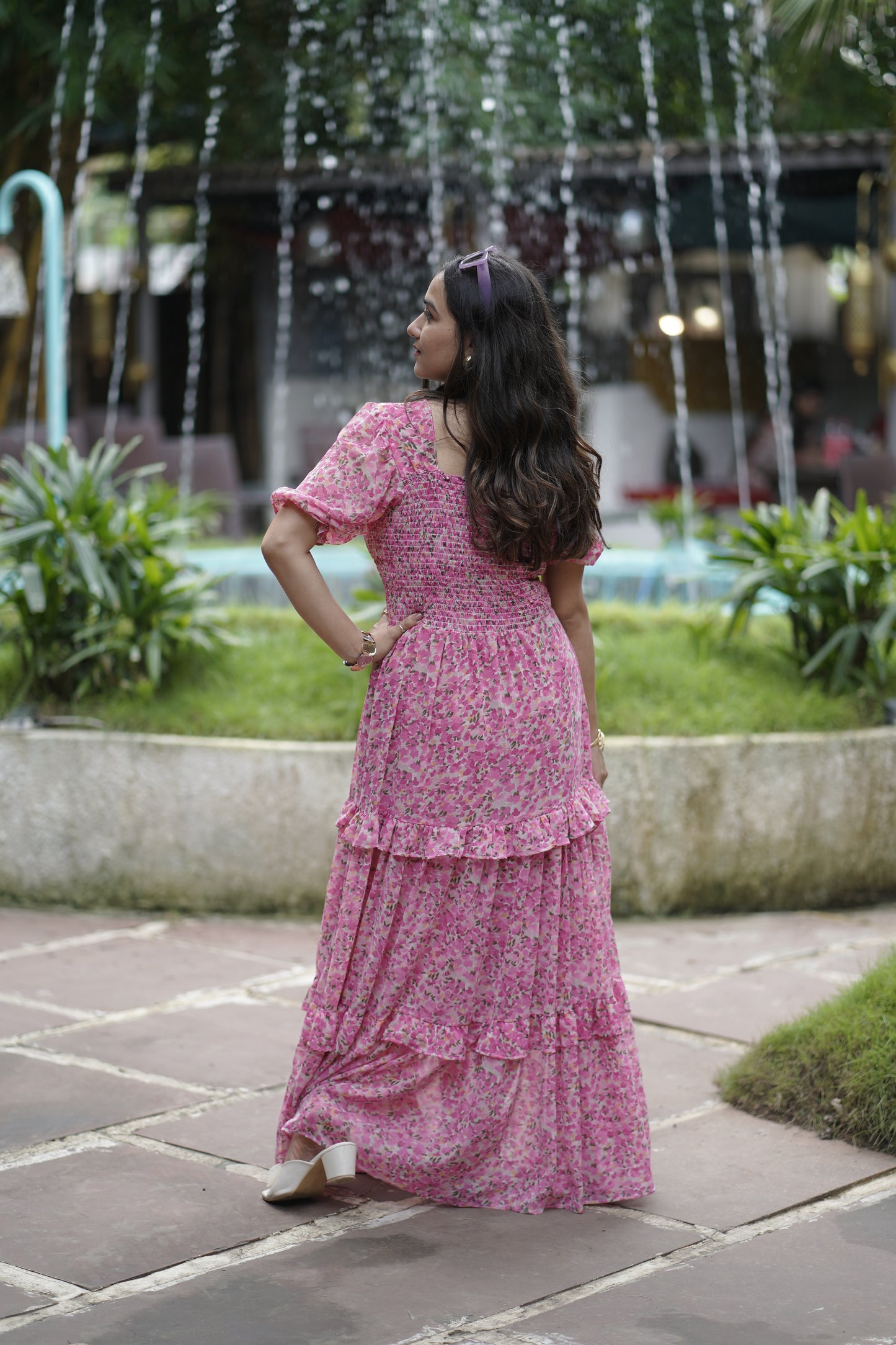 Elegant Floral Print Maxi Dress with Puff Sleeves