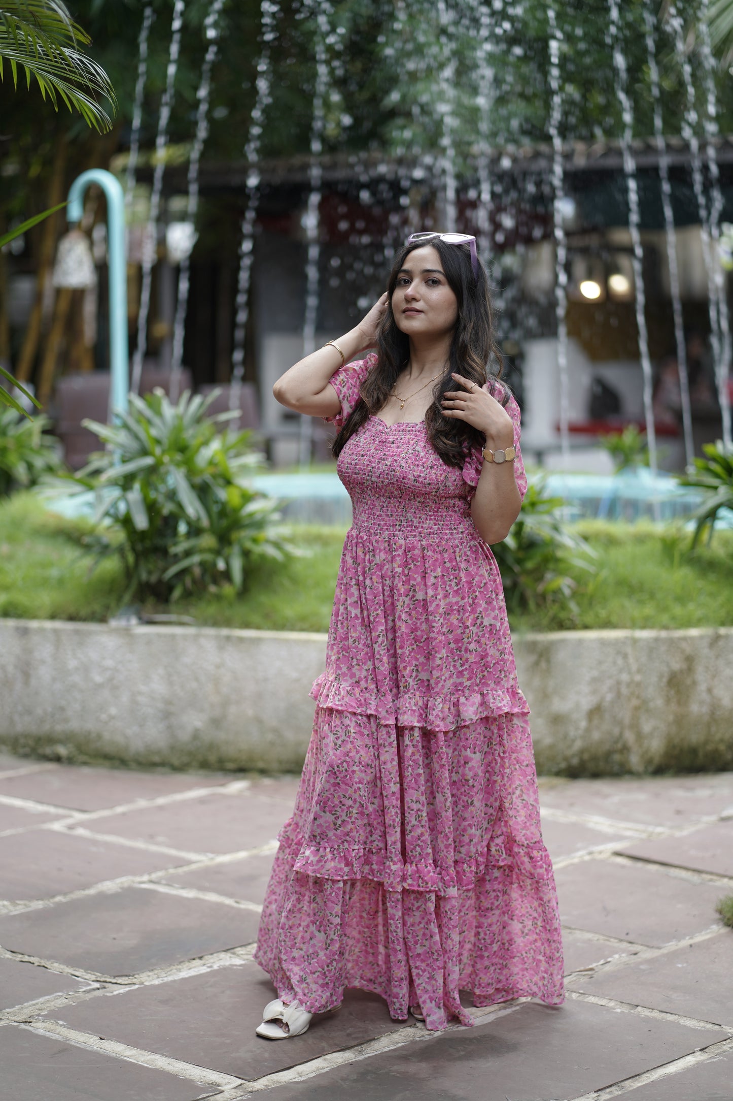 Elegant Floral Print Maxi Dress with Puff Sleeves