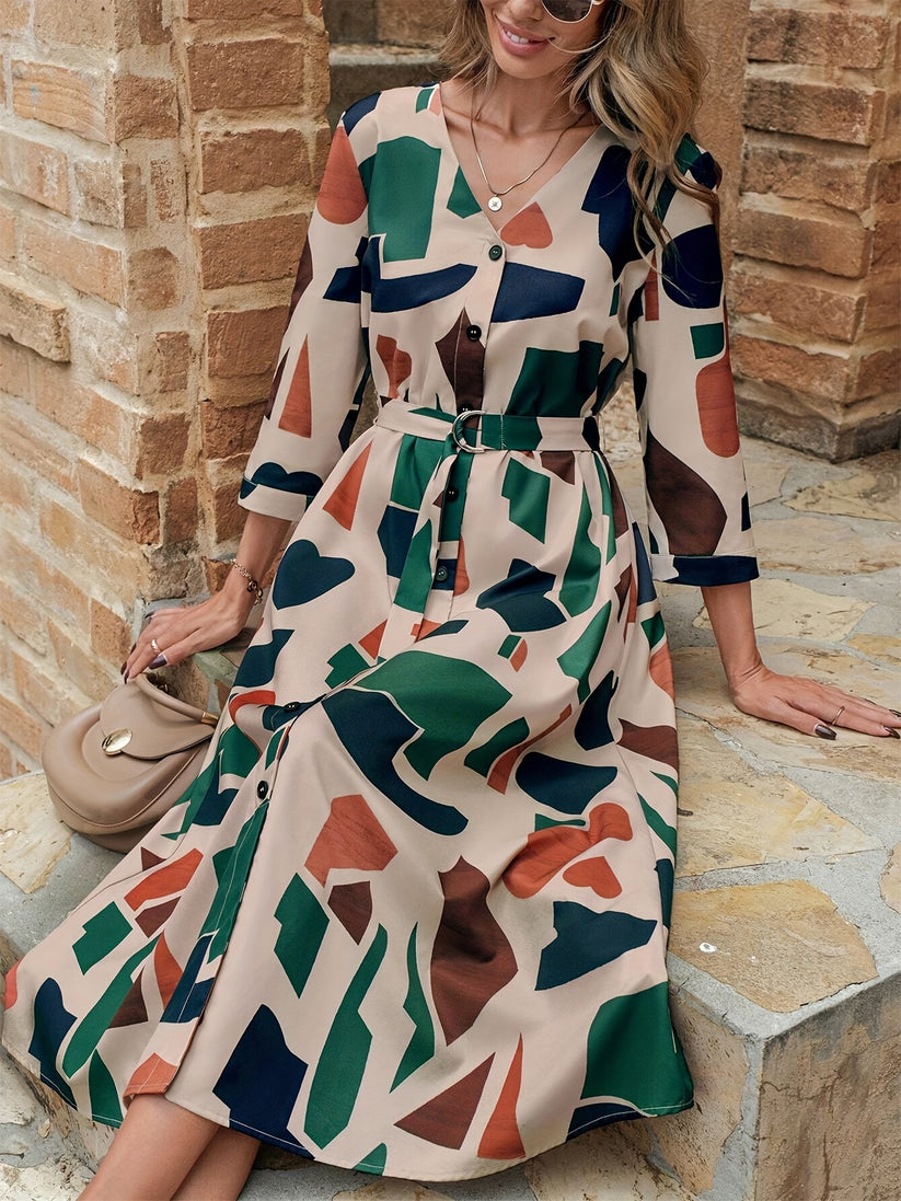 Effortless Geo Print Belted Midi Dress