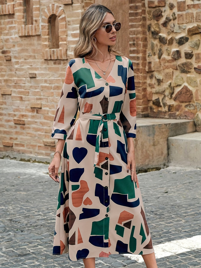 Effortless Geo Print Belted Midi Dress
