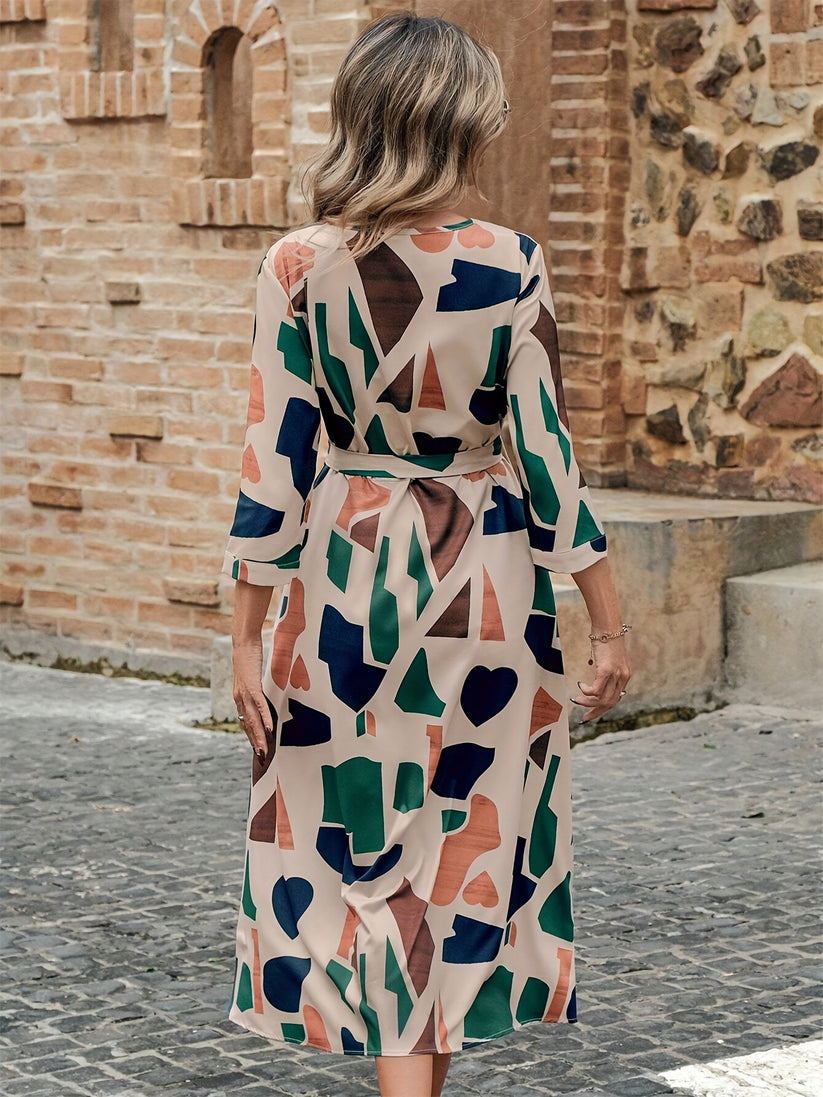 Effortless Geo Print Belted Midi Dress