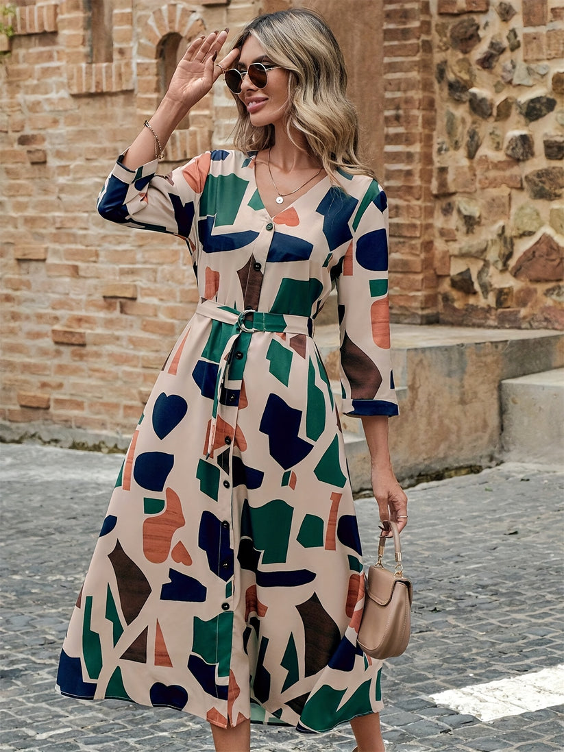 Effortless Geo Print Belted Midi Dress