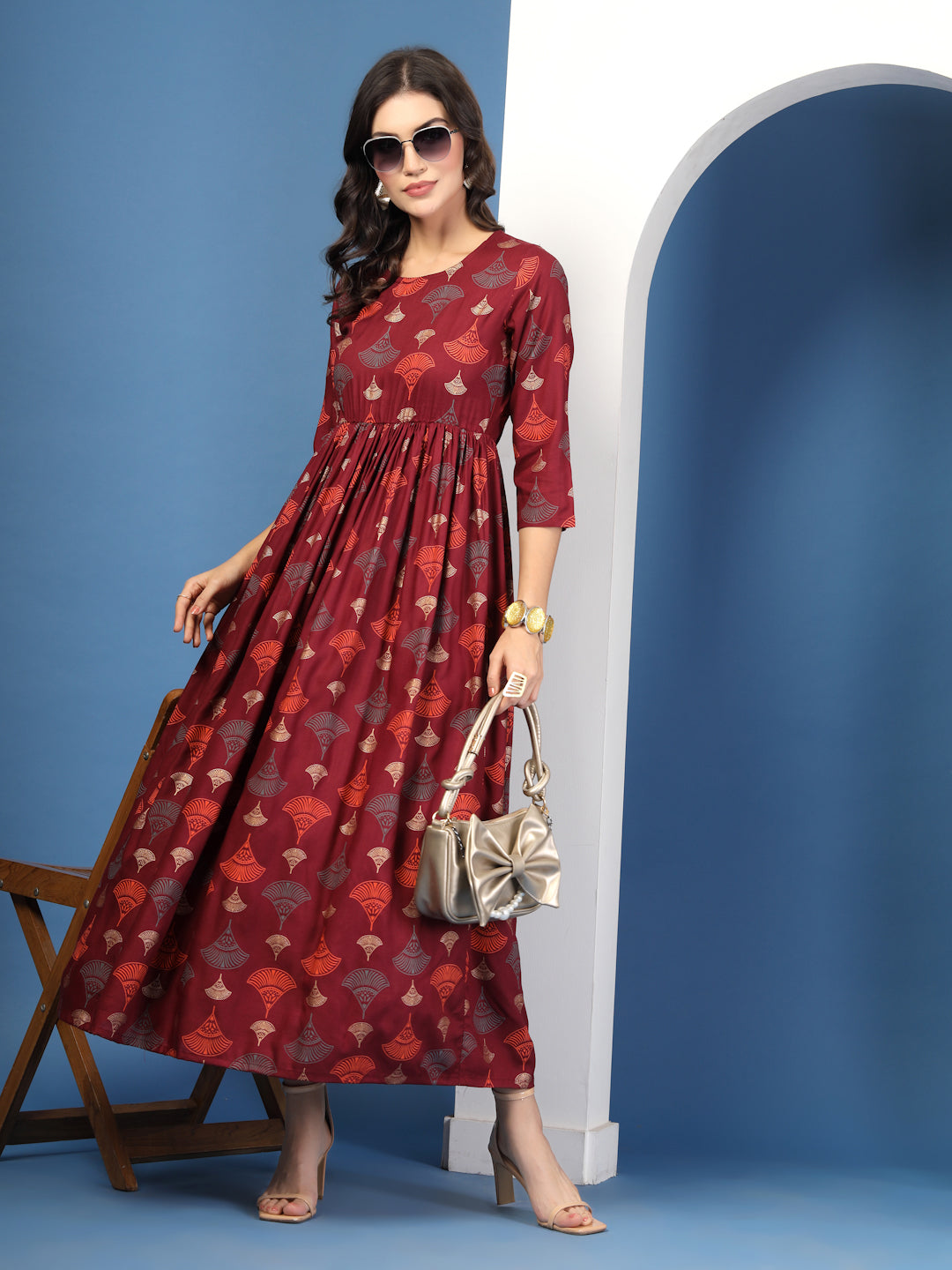 Wine Aura Printed Maxi Dress