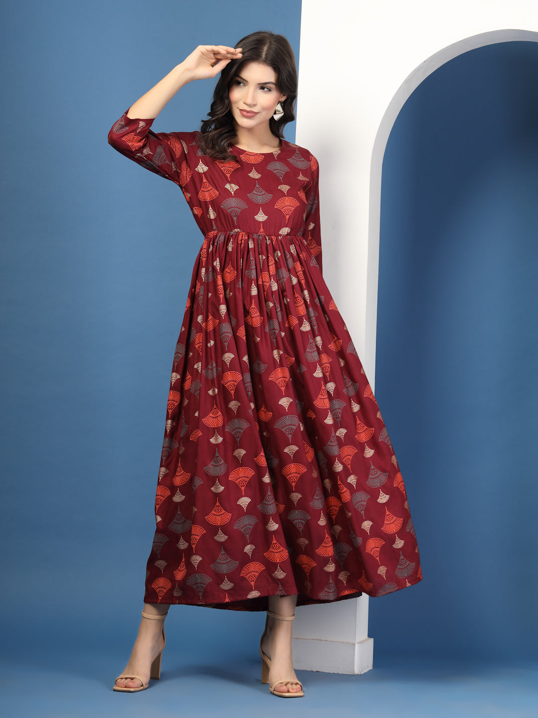 Wine Aura Printed Maxi Dress