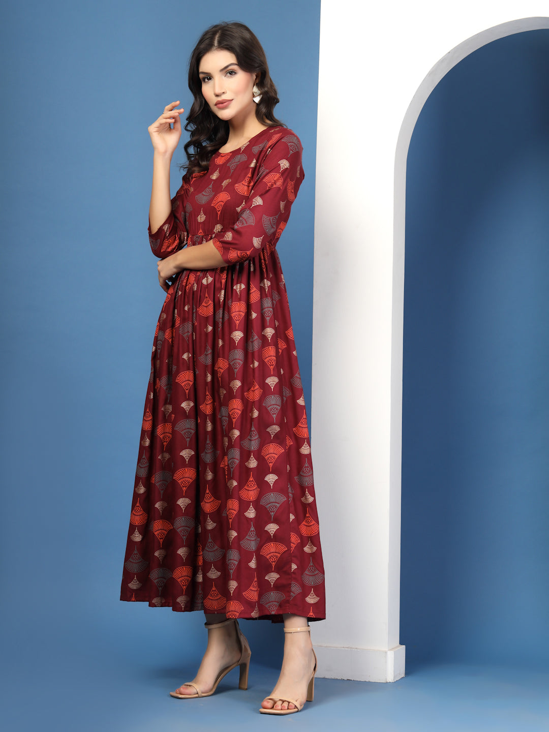 Wine Aura Printed Maxi Dress