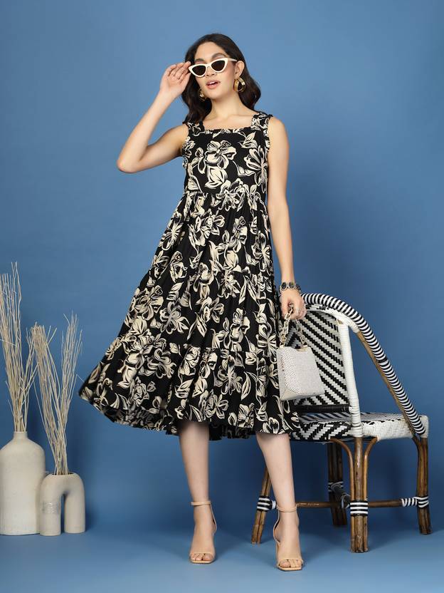 Black Blossom Printed Skater Midi Dress