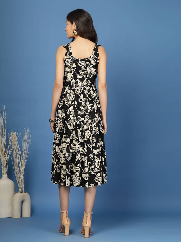 Black Blossom Printed Skater Midi Dress