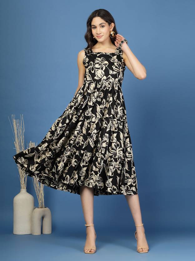 Black Blossom Printed Skater Midi Dress