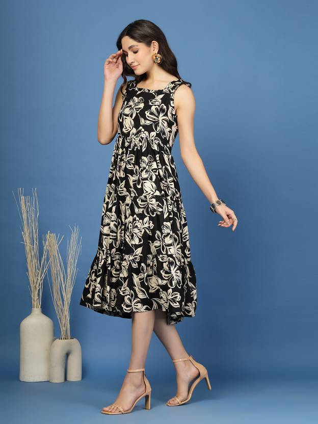 Black Blossom Printed Skater Midi Dress