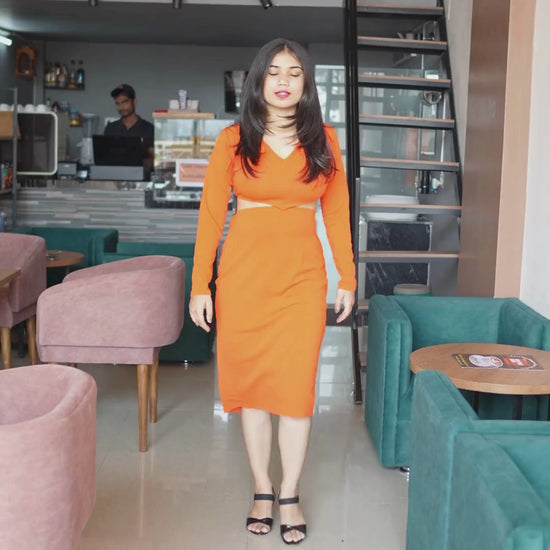 Elevate your style with the Sun-Kissed Crepe Waist Cut Bodycon Dress in vibrant orange. Featuring a flattering V-neck, full sleeves, and a bodycon fit, this above-knee dress is perfect for Western wear. Machine-washable and effortlessly chic, it's a must-have in your collection. Discover more at Wyshlist.