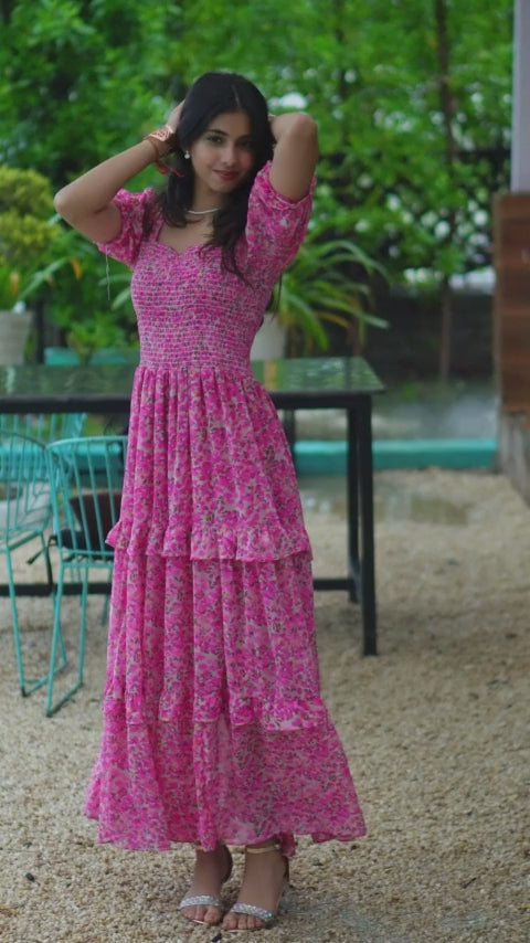 Elegant Pink Floral Print Maxi Dress with Puff Sleeves by Wyshlist