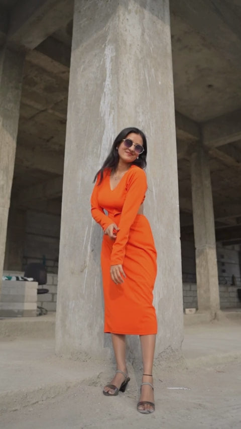 Elevate your style with the Sun-Kissed Crepe Waist Cut Bodycon Dress in vibrant orange. Featuring a flattering V-neck, full sleeves, and a bodycon fit, this above-knee dress is perfect for Western wear. Machine-washable and effortlessly chic, it's a must-have in your collection. Discover more at Wyshlist.