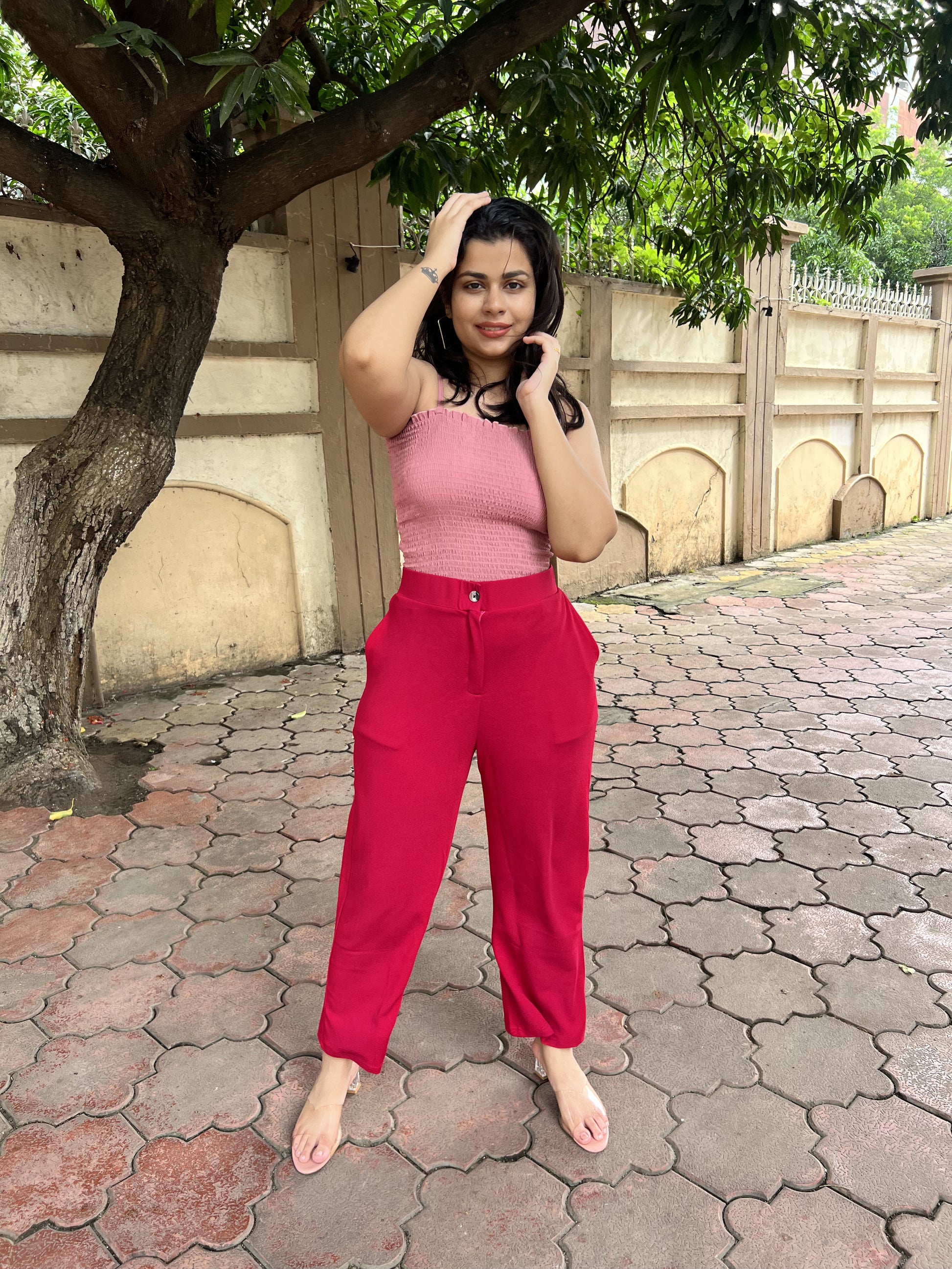 Discover elegance in our High Rise Peach Textured Bootcut Trousers. These ankle-length trousers feature a high rise, button closure, and pockets. Ideal for casual occasions, find them on Wyshlist. Elevate your wardrobe with our trendy women's bottoms.