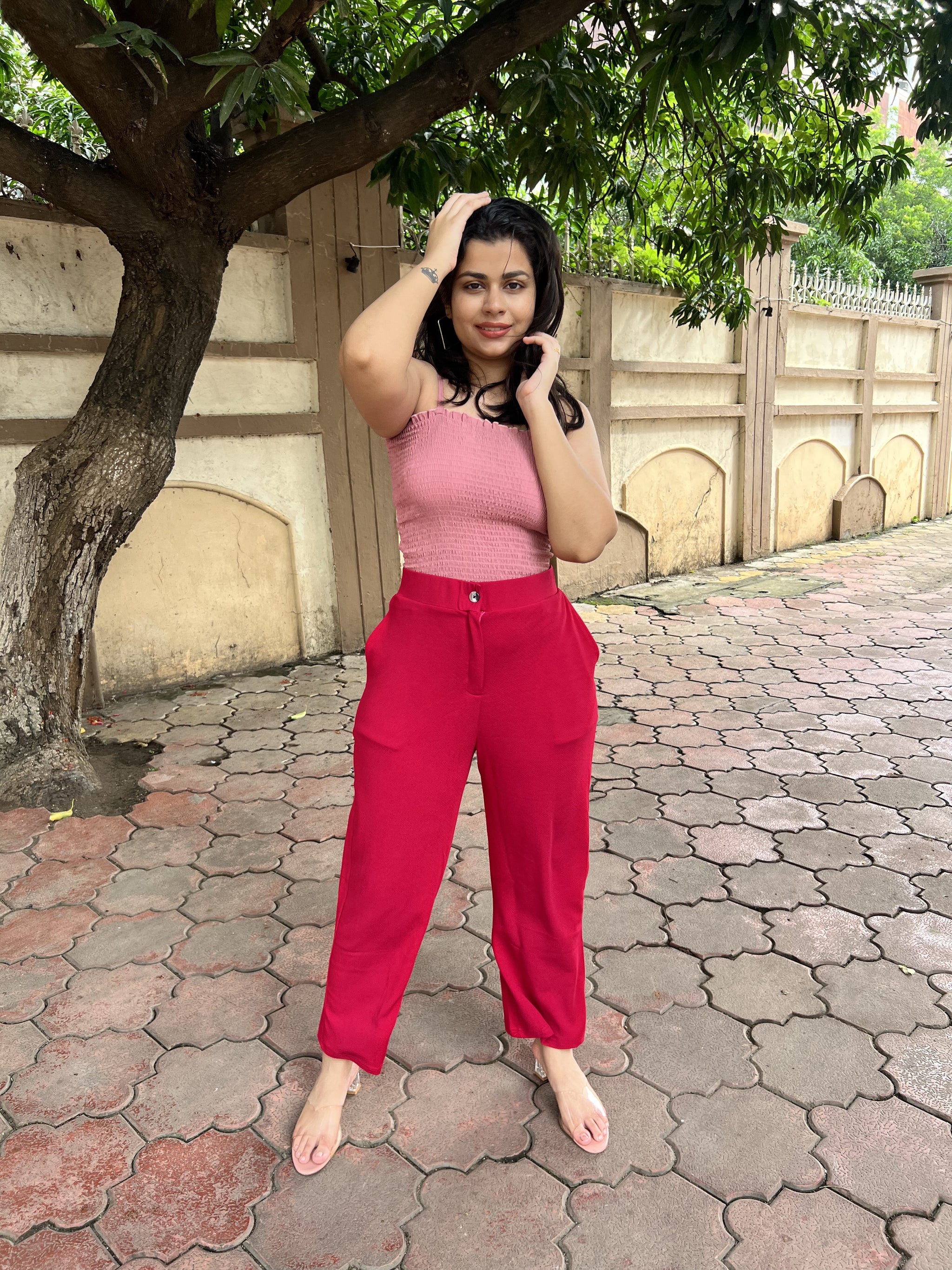 Discover elegance in our High Rise Peach Textured Bootcut Trousers. These ankle-length trousers feature a high rise, button closure, and pockets. Ideal for casual occasions, find them on Wyshlist. Elevate your wardrobe with our trendy women's bottoms.