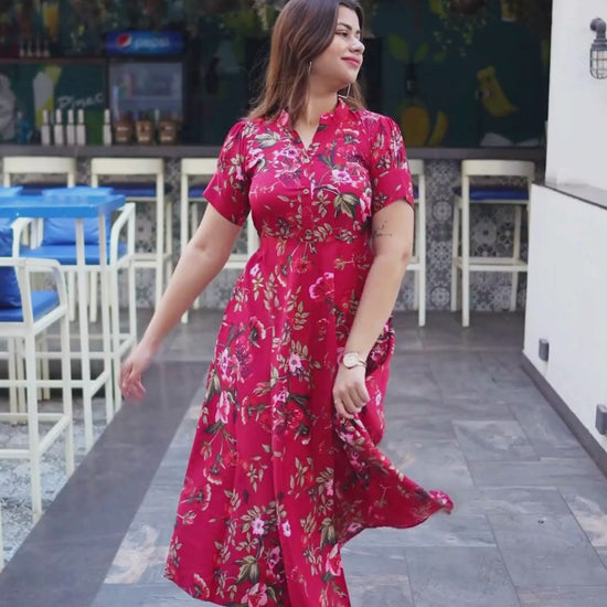 Elevate your party look with the Floral Fiesta Maxi Dress in Crepe from Wyshlist. This Indian creation boasts a floral pattern, short sleeves, and a fit-and-flare style. Perfect for various occasions. Explore long dresses, white maxi dresses, and more at Wyshlist. 