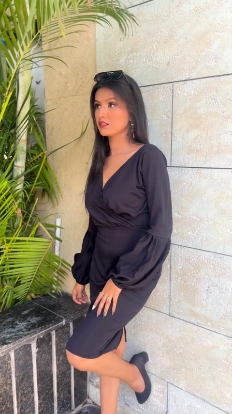 Get the ultimate chic look with Wyshlist's Wrap Mini Dress! Perfect for Party or Birthday occasions, this Solid V-Neck Dress features Three-Quarter Puff Sleeves and Tie-Ups detail. Designed with a straight hem, above knee length, and a back slit for added flair. Join Influencers in the New Basics trend!