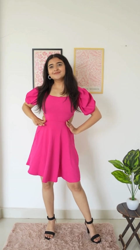 Elevate style with our Pretty in Pink Crepe Waist Cut Fit and Flare Dress. Above knee length, Half puff sleeves, machine washable. Perfect for Western wear. Wyshlist and Influencers-approved. Shop knee-length dresses online in India for the latest trends