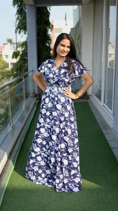 Midnight Blossom Maxi Dress: Embrace elegance in this blue floral printed crepe dress from Wyshlist. Featuring a V-neck, short sleeves, and a high slit, it combines style and comfort effortlessly. Perfect for casual occasions. Shop now!