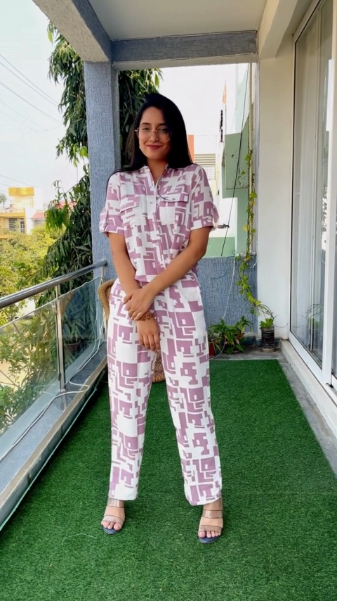 Shop CottonVista's trendy Co-ord Sets for women! Perfect for Western wear, these Maxi-length cotton blend Co-ords feature a chic geometric print, short roll-up sleeves, a collared neckline, and 2 flip pockets. Elevate your style game with our range of fashionable, comfortable Co-ords at Wyshlist!