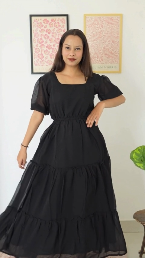 Command elegance in our Black Elegant Noir Affair Dress. Square neck & puff sleeves flatter. Flowy silhouette for parties & festive occasions. Style it with heels or sandals. Modest chic, a must-have maxi! Shop maxis online! 