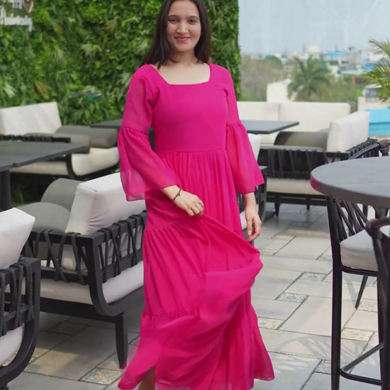 Elevate your style with our Rose Quartz Reverie Full Sleeves Square Neck Georgette Dress. Perfect for Western wear, this maxi-length dress features a square neck and flared sleeves. Find your ideal look at Wyshlist with pink maxi dresses for women. Shop now!