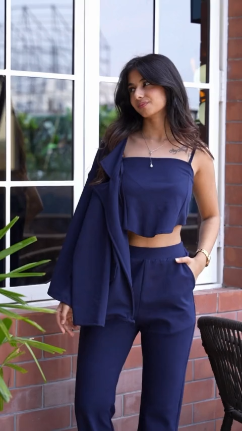 Own the night in the Navy Power Trio! This chic co-ord features a matching crop top, trousers & blazer for a trendy party look. Shop Co-ord Sets - the hottest trend for Women in India! Wishlist it & be a fashion icon.