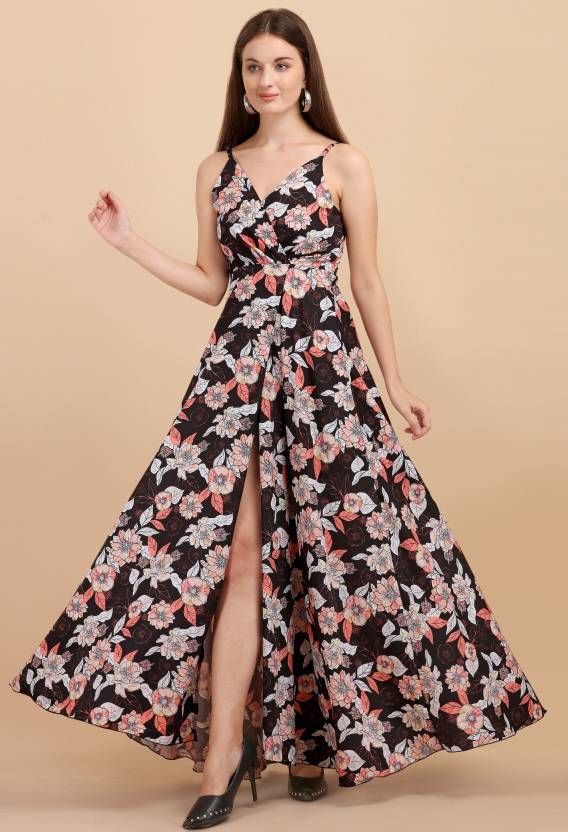 Black floral outlet wrap maxi dress