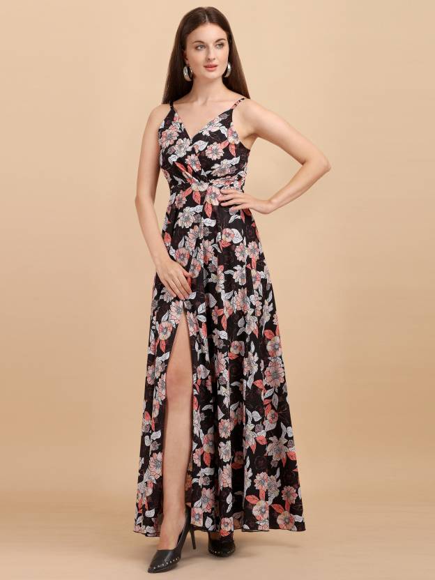 Black floral wrap maxi clearance dress