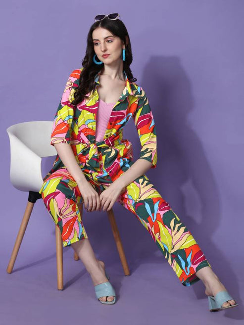 Vibrant Delight Multicolor Print Shirt-Style Women Shirt Pant Co-Ord ...