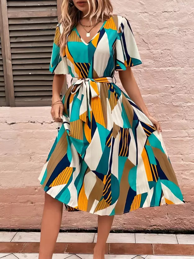 Chic Multicolor Printed A-line Midi Dress