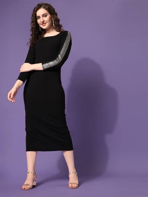 Elegant Black Solid Sheath Midi Dress